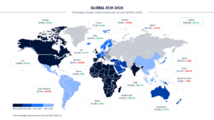 World map graphic showing percentage change in deal volume year on year, 1H23-1H24