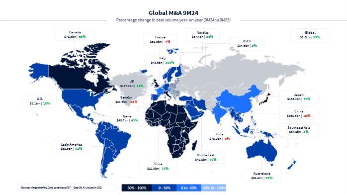 Map showing M&A volume by region.